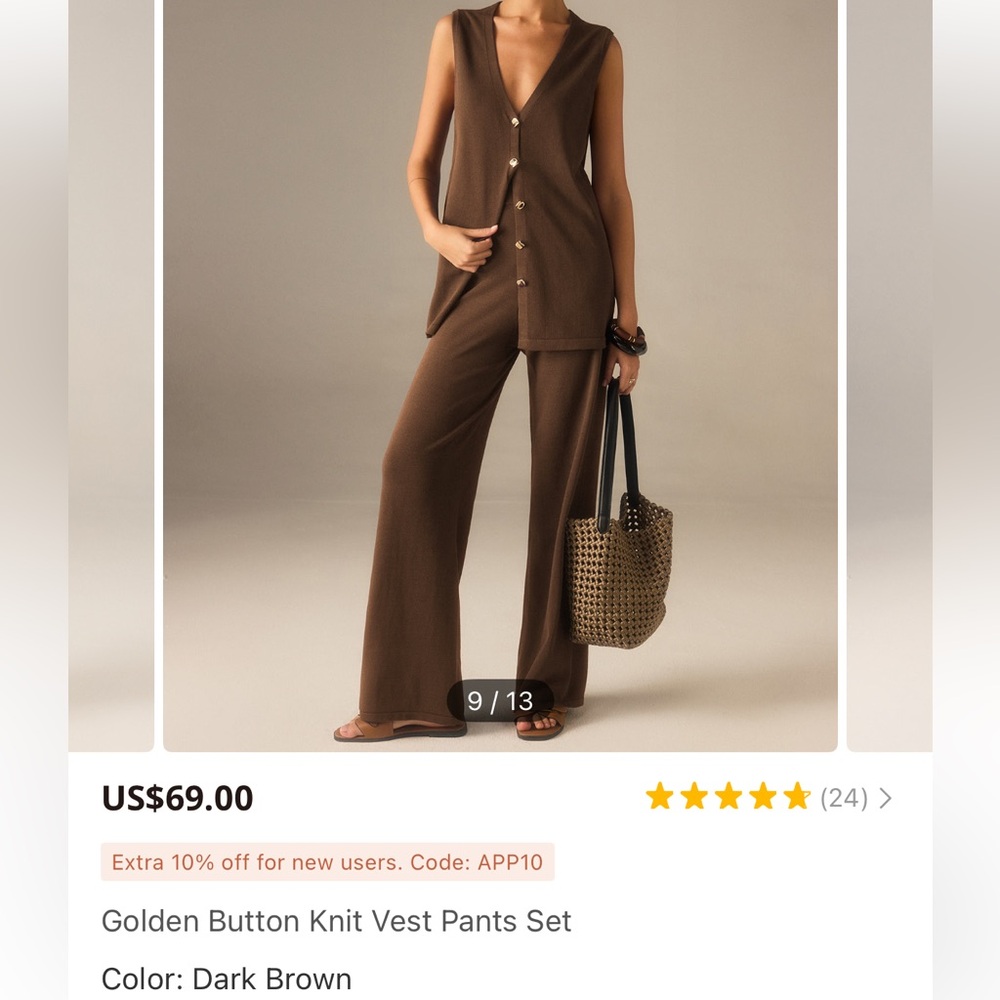 Golden Button Knit Vest Pants Set